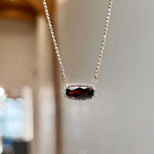 14K Rose Gold East/West Garnet and Diamond Halo Necklace