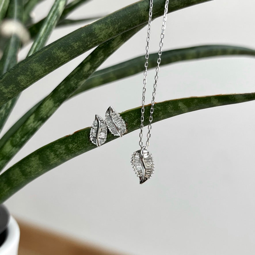 18K White Gold Diamond Baguette Leaf Earrings