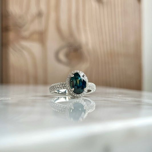 14K White Gold Pavé Diamond Halo and Teal Sapphire Ring 2.30CTW
