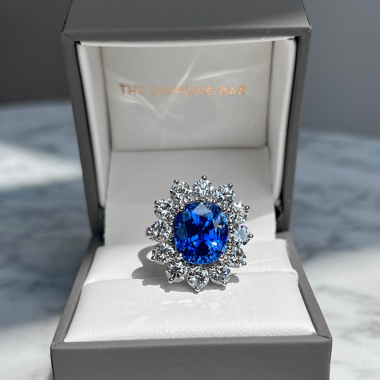 Platinum Sri Lanka Sapphire and Diamond Halo Ring 10.87CTW