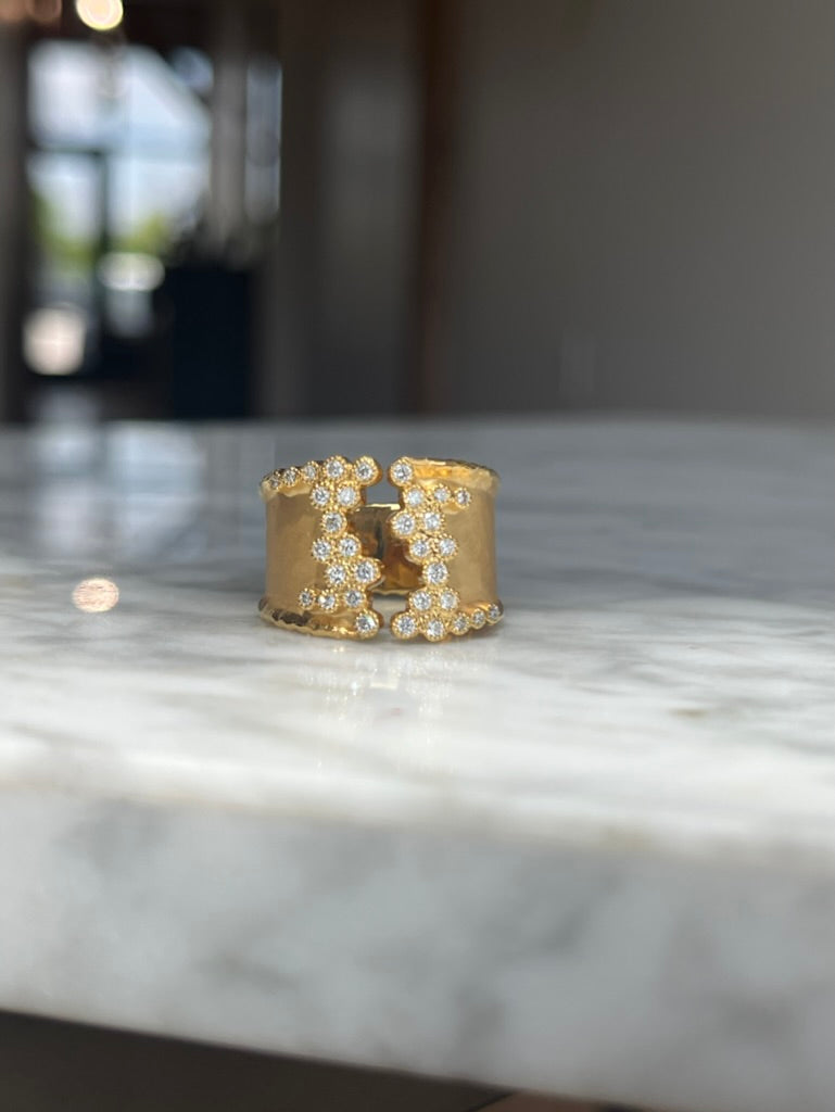 14K Yellow gold Hammered Diamond Open Concept Ring