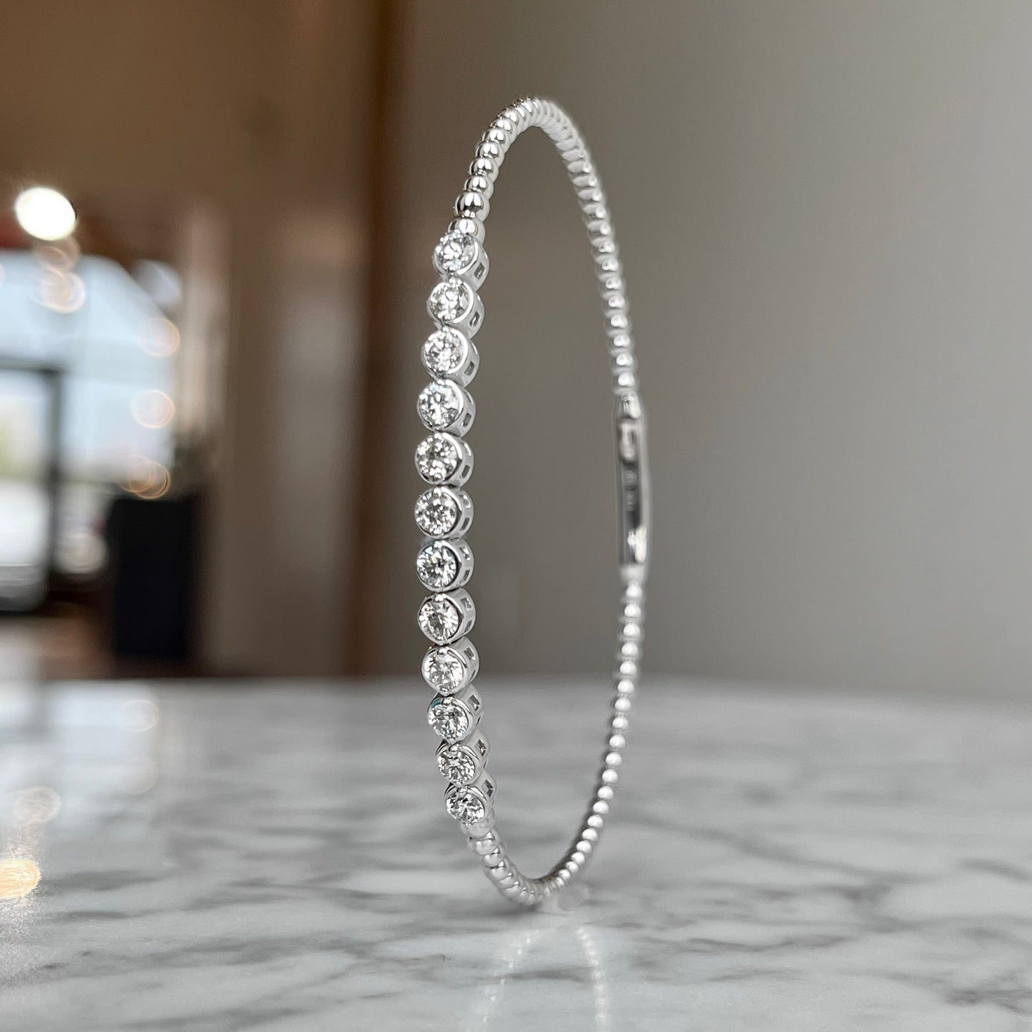 14K White Gold Bezel Diamond Flexible Bangle Bracelet