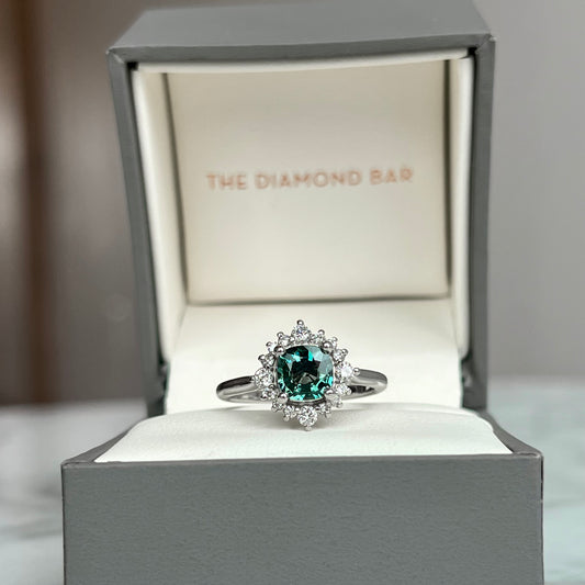 14K White Gold Color Shifting Teal Sapphire and Diamond Halo Ring