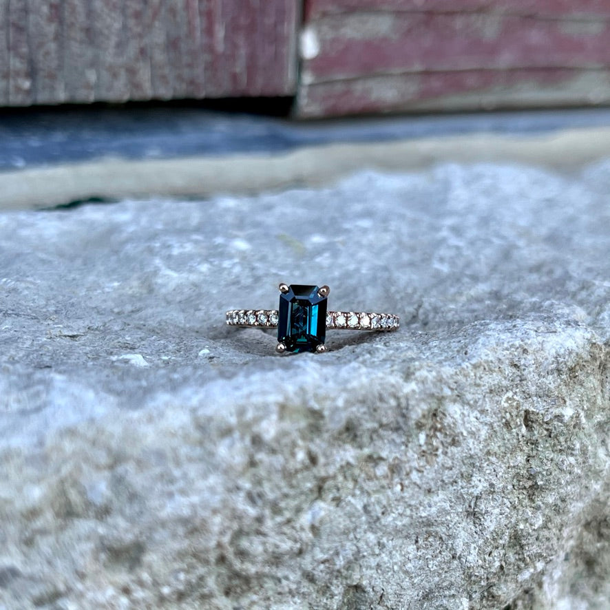 14K Rose Gold Teal "Color-Shifting" Sapphire and Diamond Ring