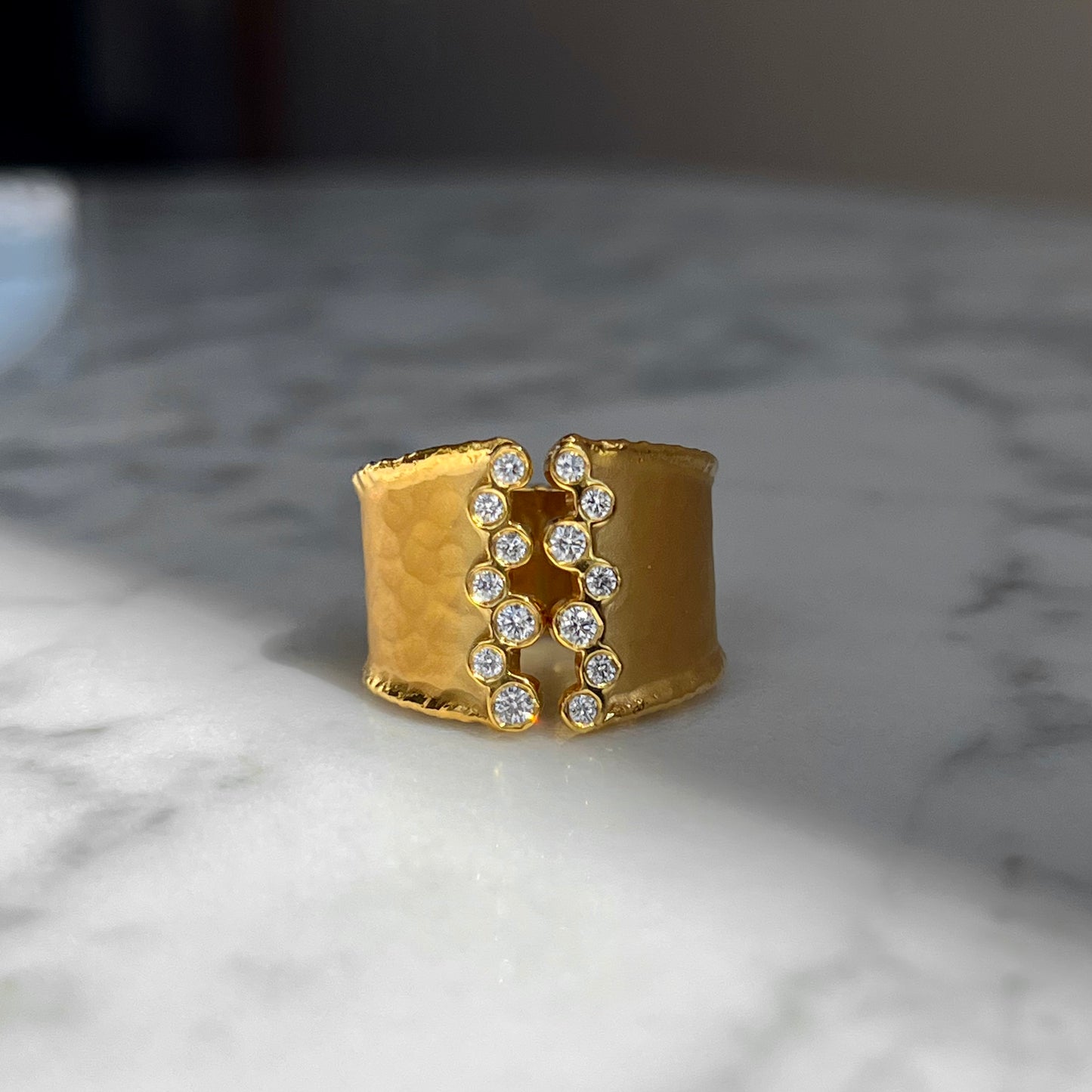 14K Yellow Gold Matte Hammered Cuff Ring