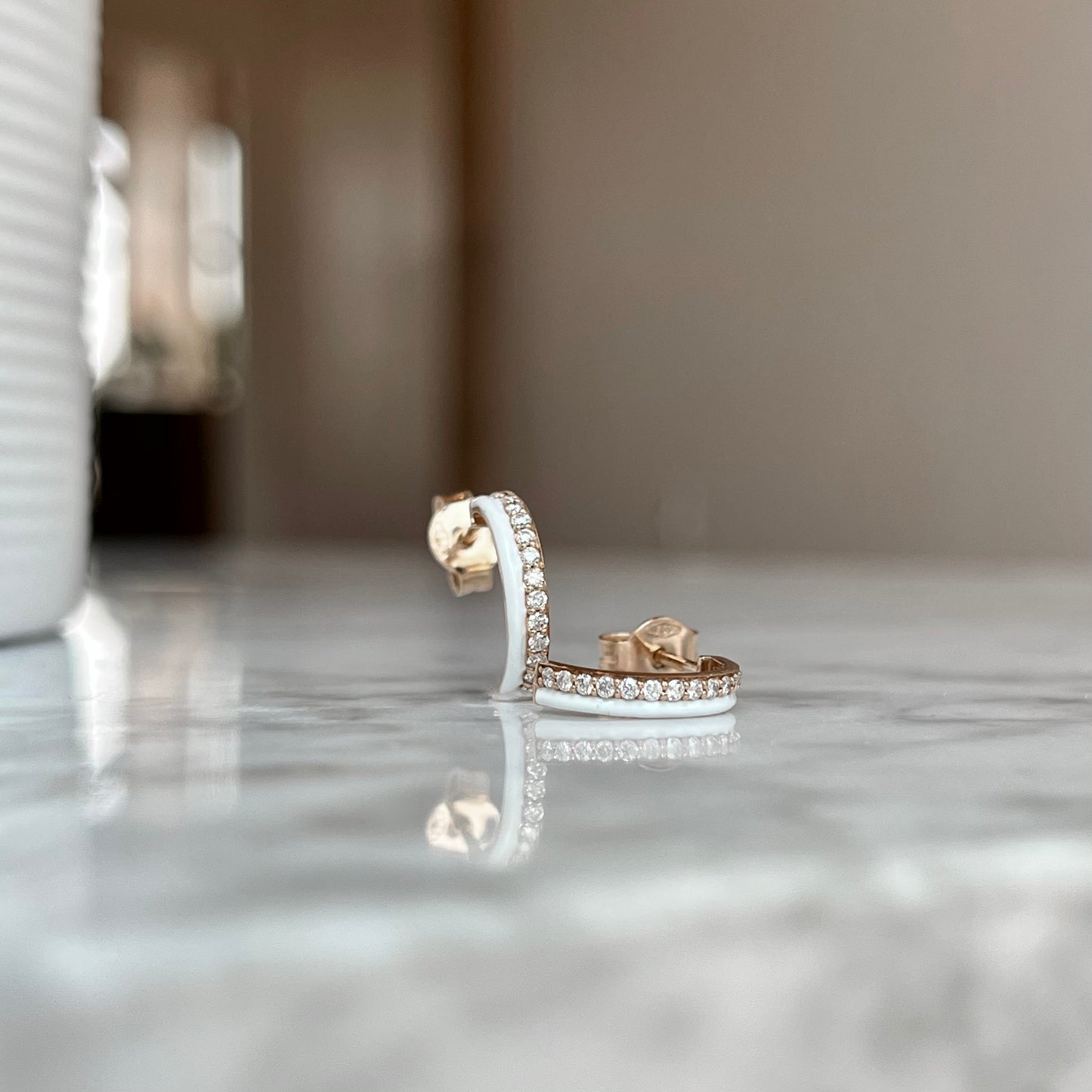 18K Rose Gold White Enamel  "J" Hoop Earrings