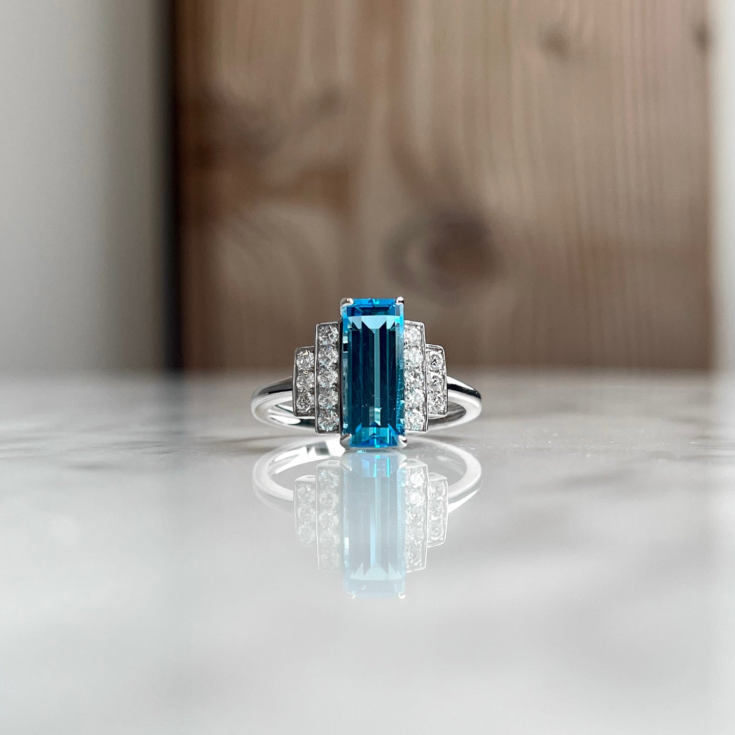 14K White Gold Art-Deco Topaz and Diamond Ring