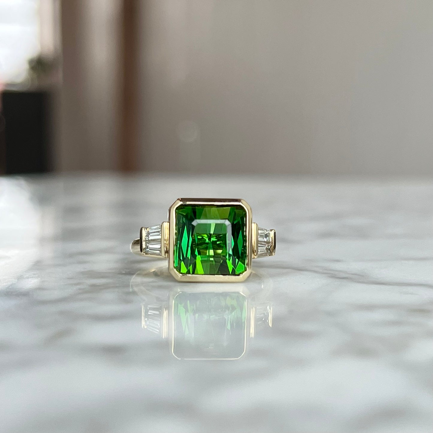 14K Yellow Gold Green Tourmaline and Diamond Three Stone Ring