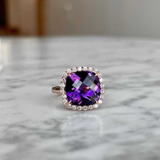 14K Rose Gold "Floating" Amethyst and Diamond Halo Ring 6.97CTW