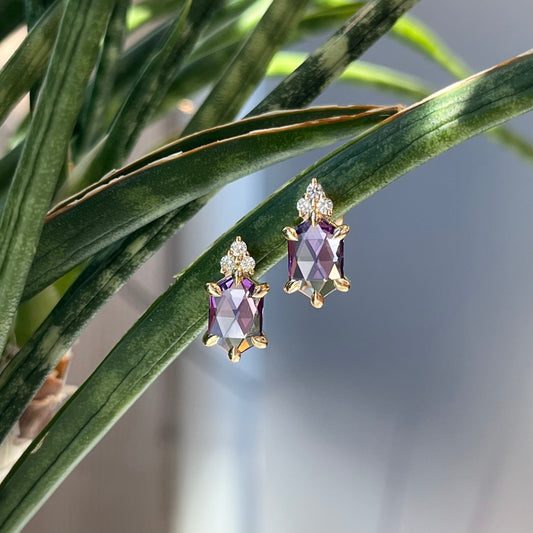 14K Yellow Gold Amethyst and Diamond Stud Earrings.