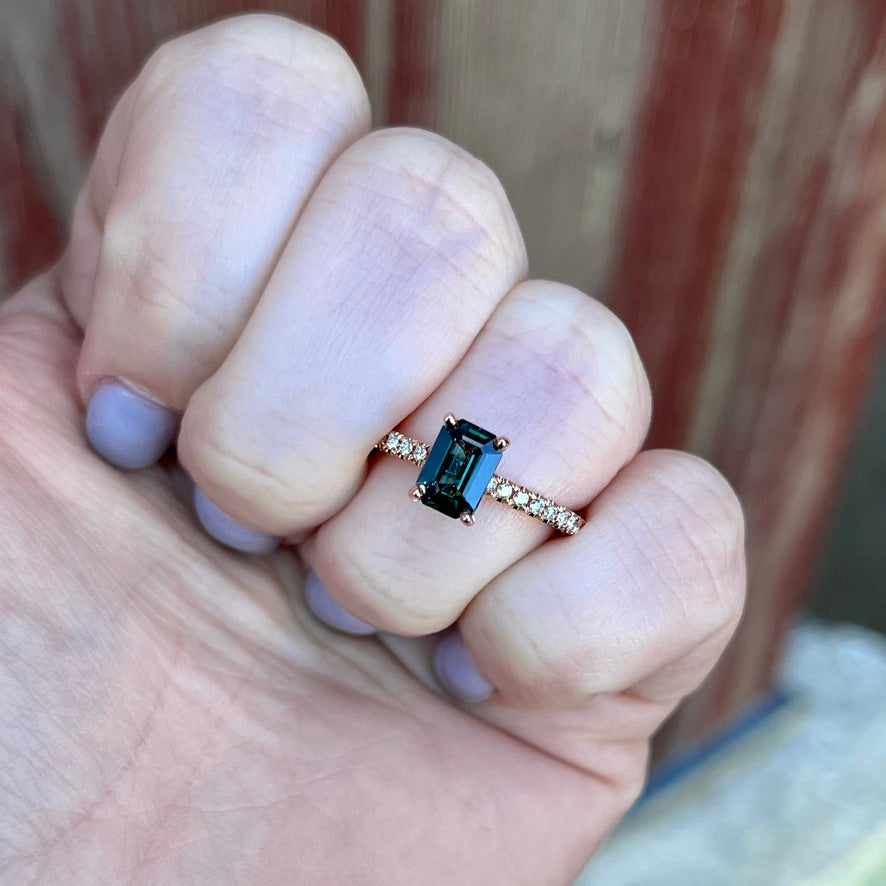 14K Rose Gold Teal "Color-Shifting" Sapphire and Diamond Ring