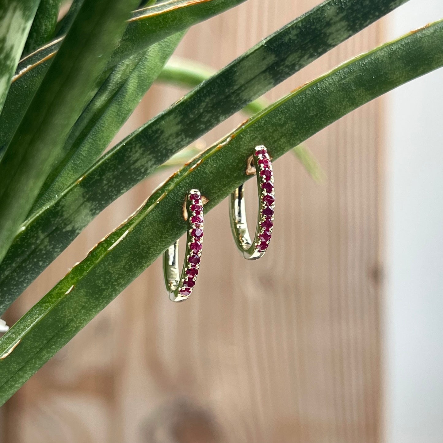 14K Yellow Gold Ruby "Huggie" Hoop Earrings