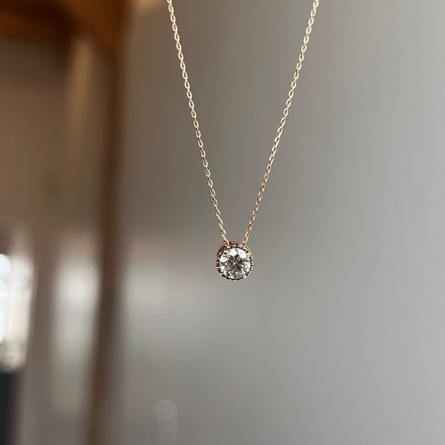 18K Dainty Rose Gold Vintage Inspired Solitaire Diamond Necklace 32/100CT