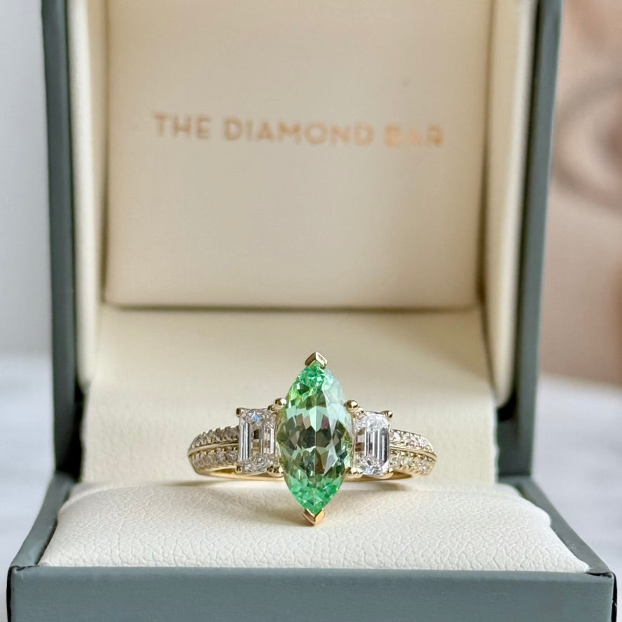 14K Yellow Gold Marquise Tsavorite Garnet and Diamond Ring