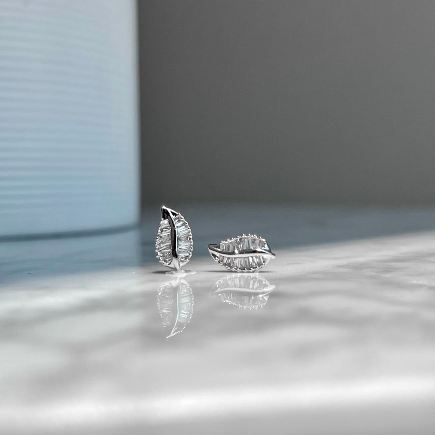 18K White Gold Diamond Baguette Leaf Earrings