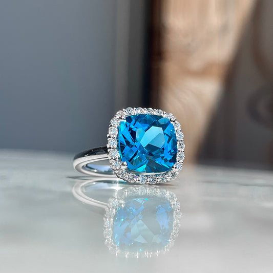 14K White Gold Blue Topaz Halo Ring