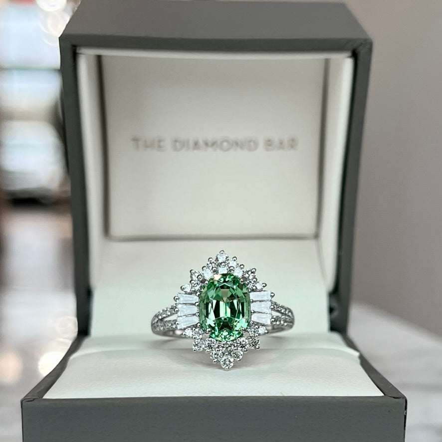 18K White Gold Mint Tsavorite Garnet and Diamond Halo Ring 3.14CTW