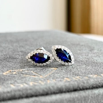 18K White Gold Marquise Sapphire and Diamond Halo Earrings