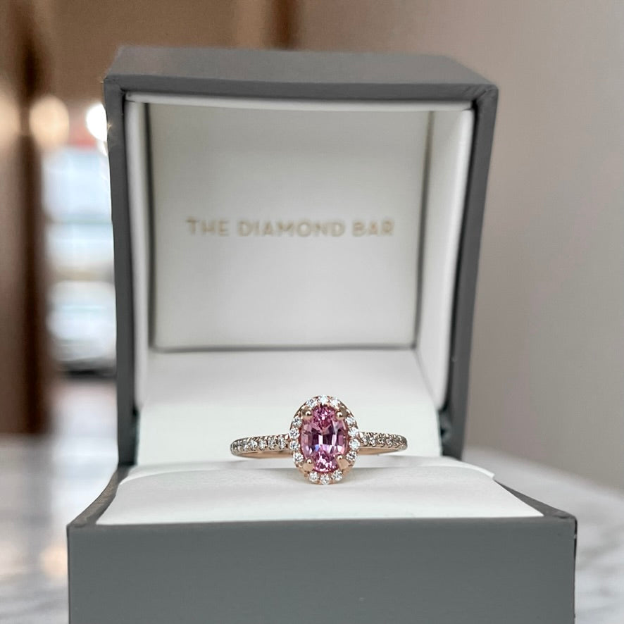 14K Rose Gold Pink Spinel and Diamond Halo Ring