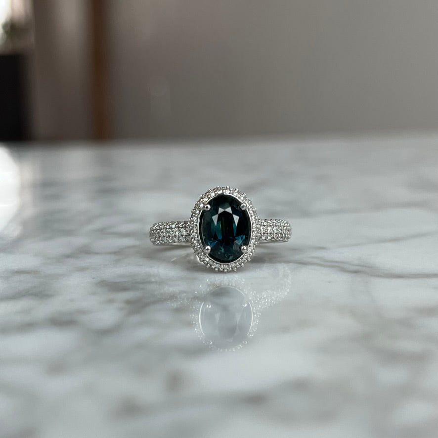 14K White Gold Pavé Diamond Halo and Teal Sapphire Ring 2.30CTW