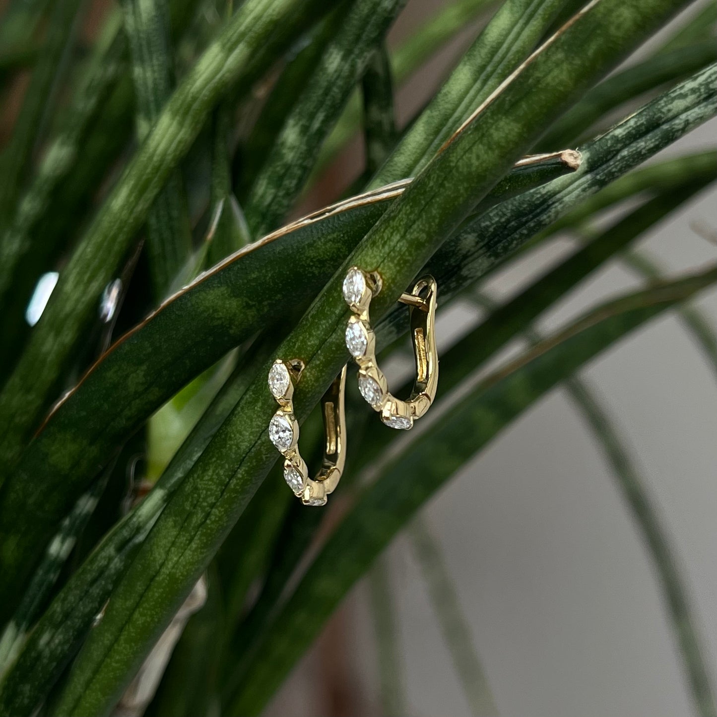 18K Gold Marquise Single Prong Diamond Huggie Hoop Earrings