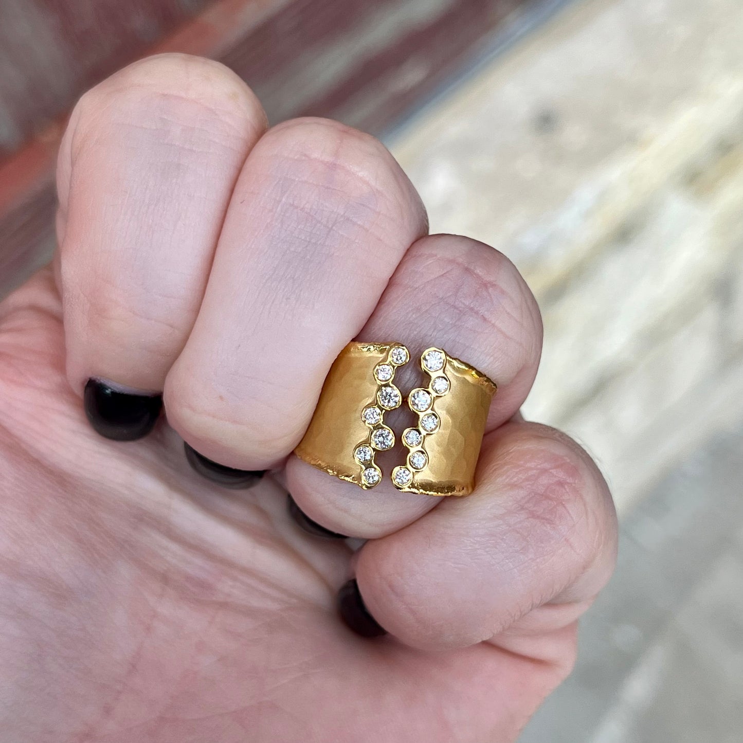 14K Yellow Gold Matte Hammered Cuff Ring