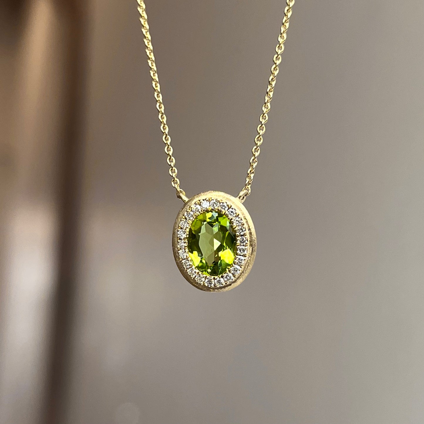 14K Yellow Gold Perdiot and Diamond Halo Necklace