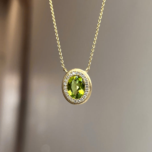 14K Yellow Gold Perdiot and Diamond Halo Necklace
