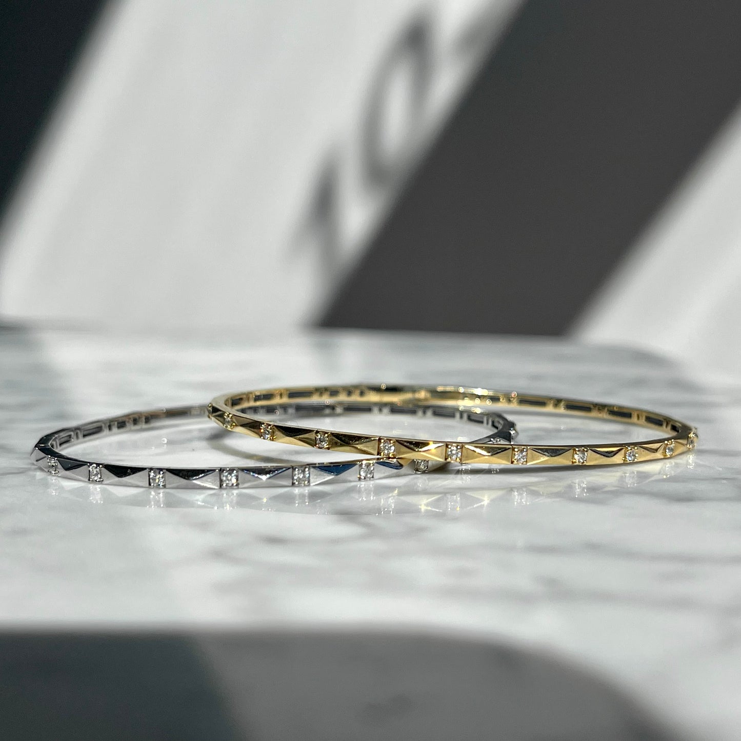 14K Gold Diamond Flexible Rectangular Stud and Diamond Bangle Bracelet