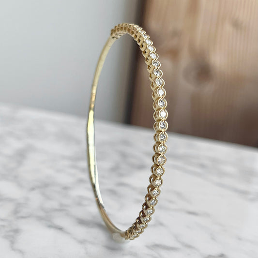 14K Yellow Gold Milgrain Bezel Diamond Flexible Bangle Bracelet