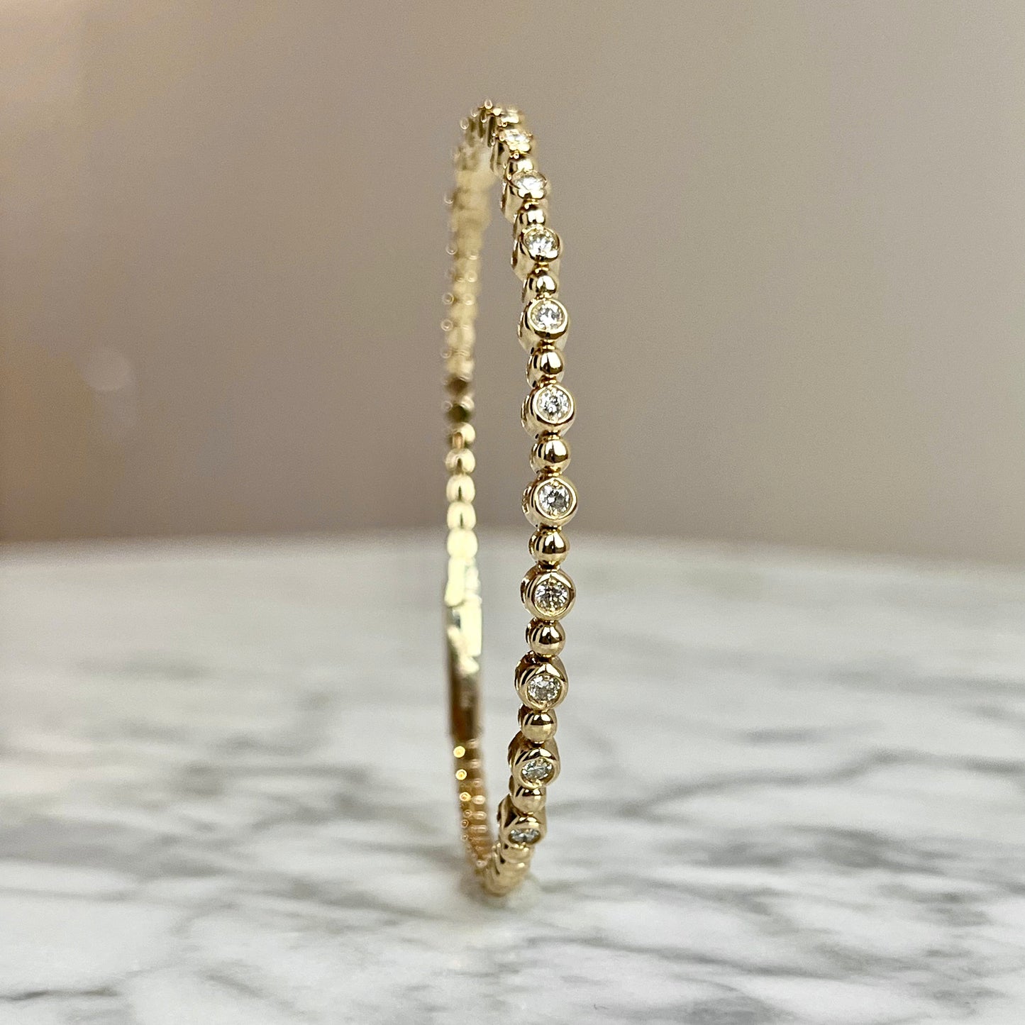 14K Yellow Gold Diamond Beaded Flexible Bangle Bracelet