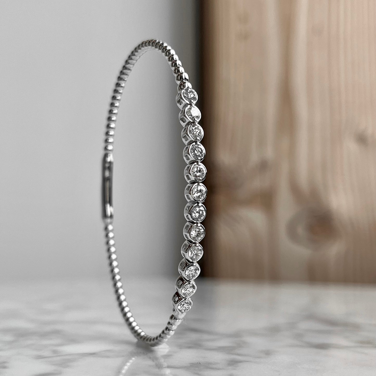 14K White Gold Bezel Diamond Flexible Bangle Bracelet