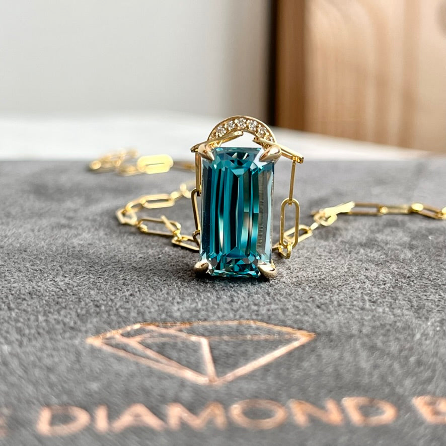 14K Yellow Gold Blue Topaz and Diamond "Lock Inspired" Necklace