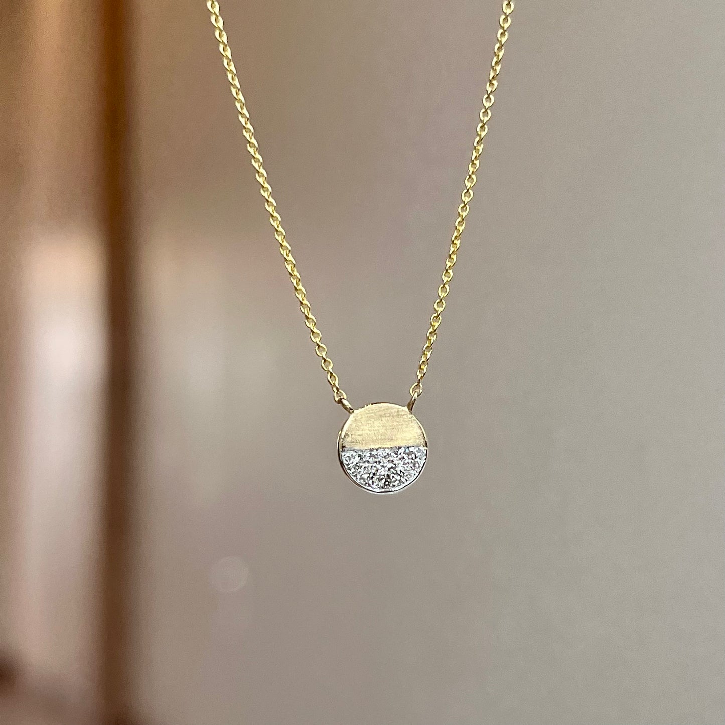 14K Yellow Gold Half Pavé Disc Necklace
