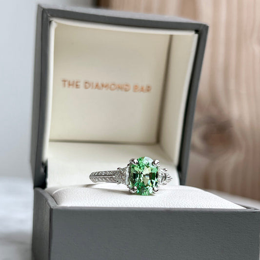 18K White Gold Mint Garnet and Diamond Ring