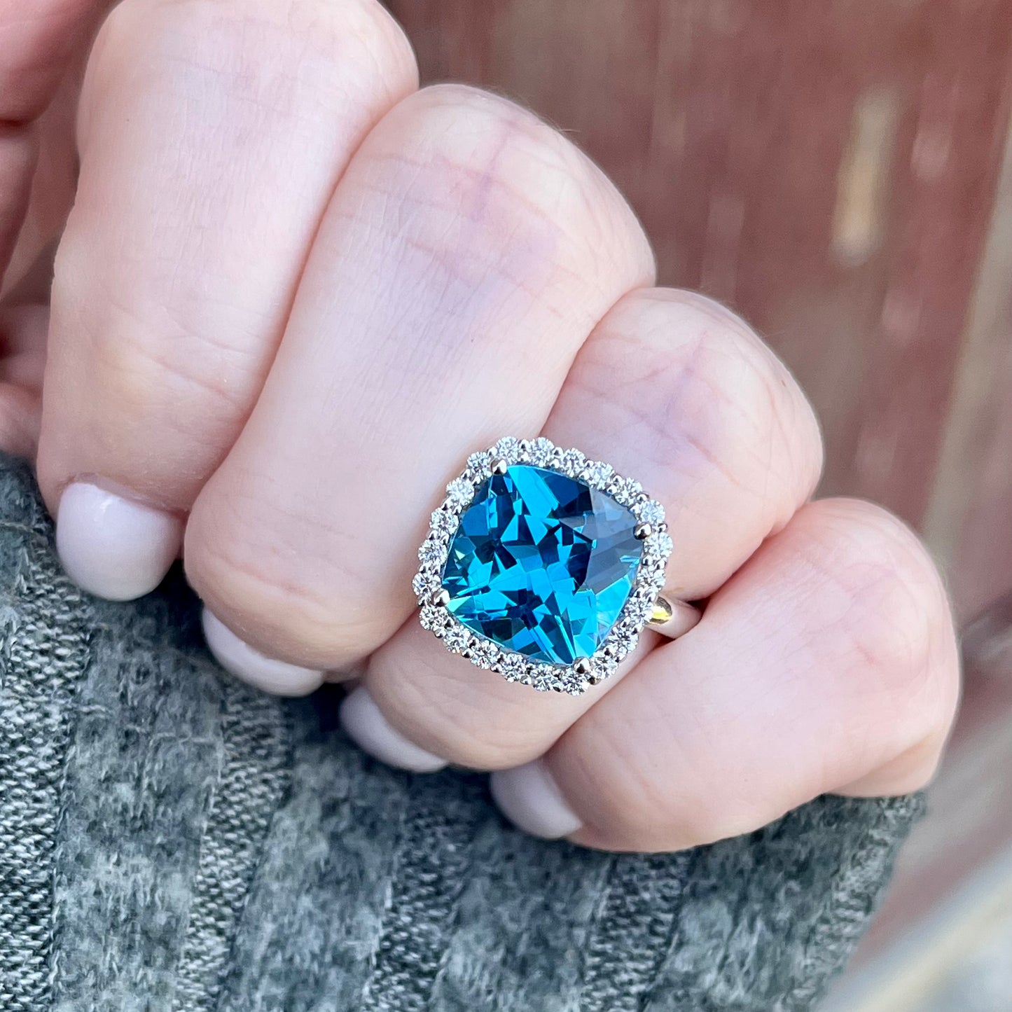 14K White Gold Blue Topaz Halo Ring