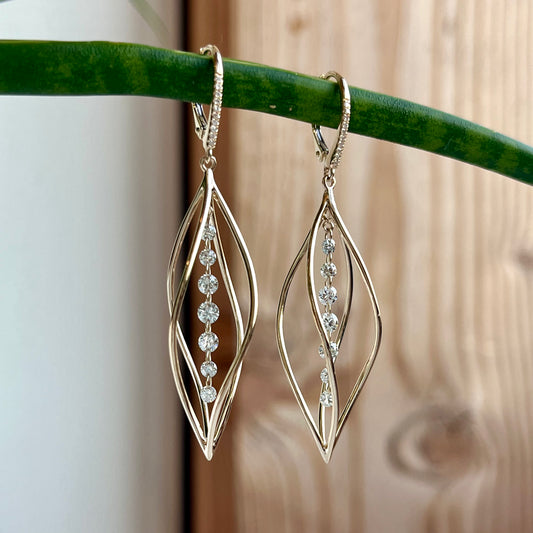 14K Floating Diamond 3D Swirl Earrings