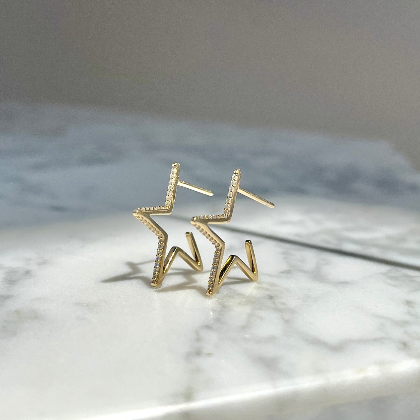 14K Yellow Gold Diamond Star Hoop Earrings