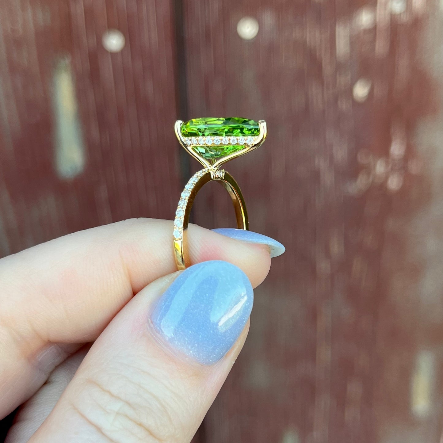 18K Yellow Gold Peridot Hidden Halo Diamond Accented Ring 5.07CTW