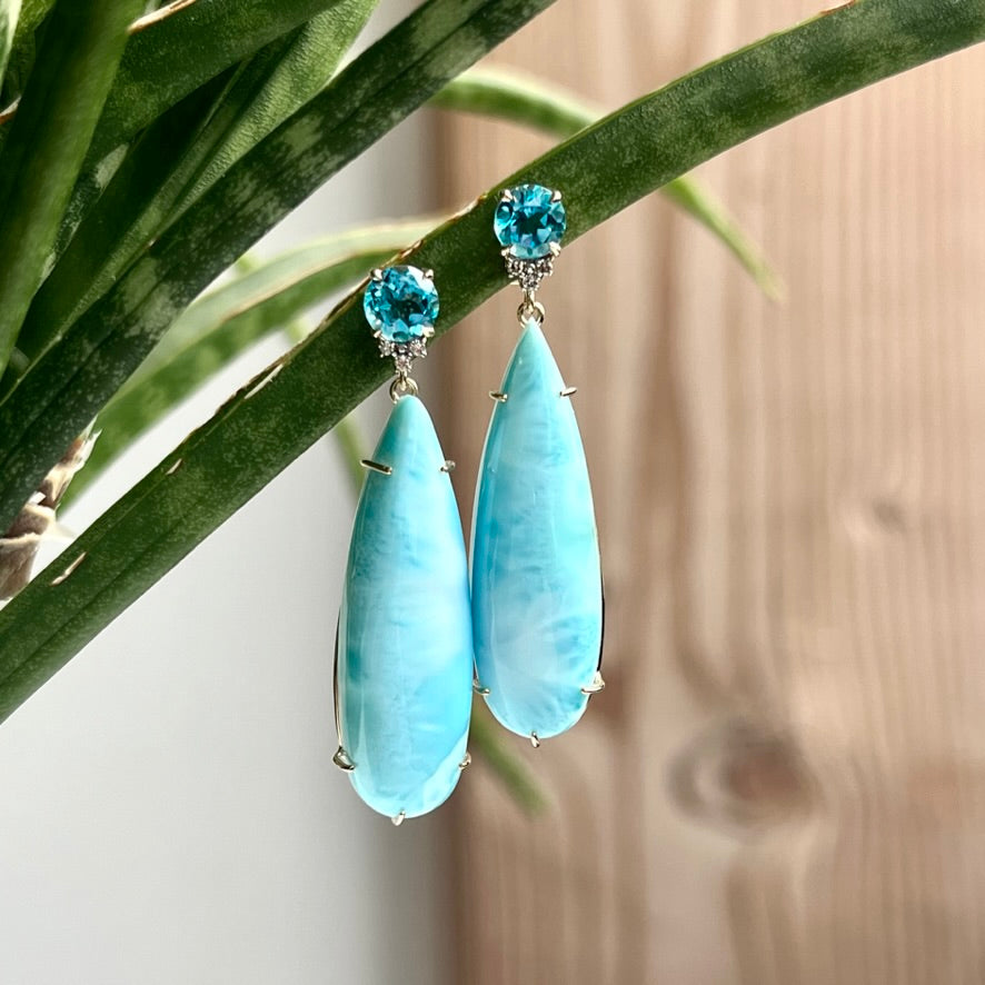 14K Yellow Gold Blue Topaz, Diamond and Larimar Mineral Earrings