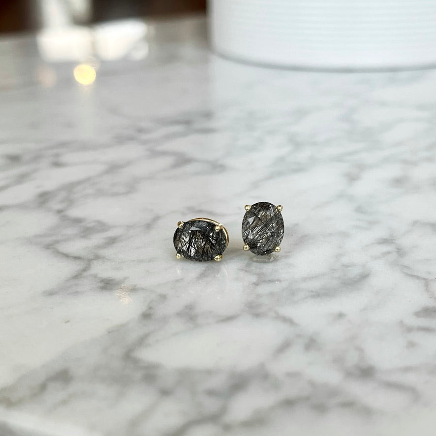 14K Yellow Gold Rutilated Quartz Stud Diamond Earrings