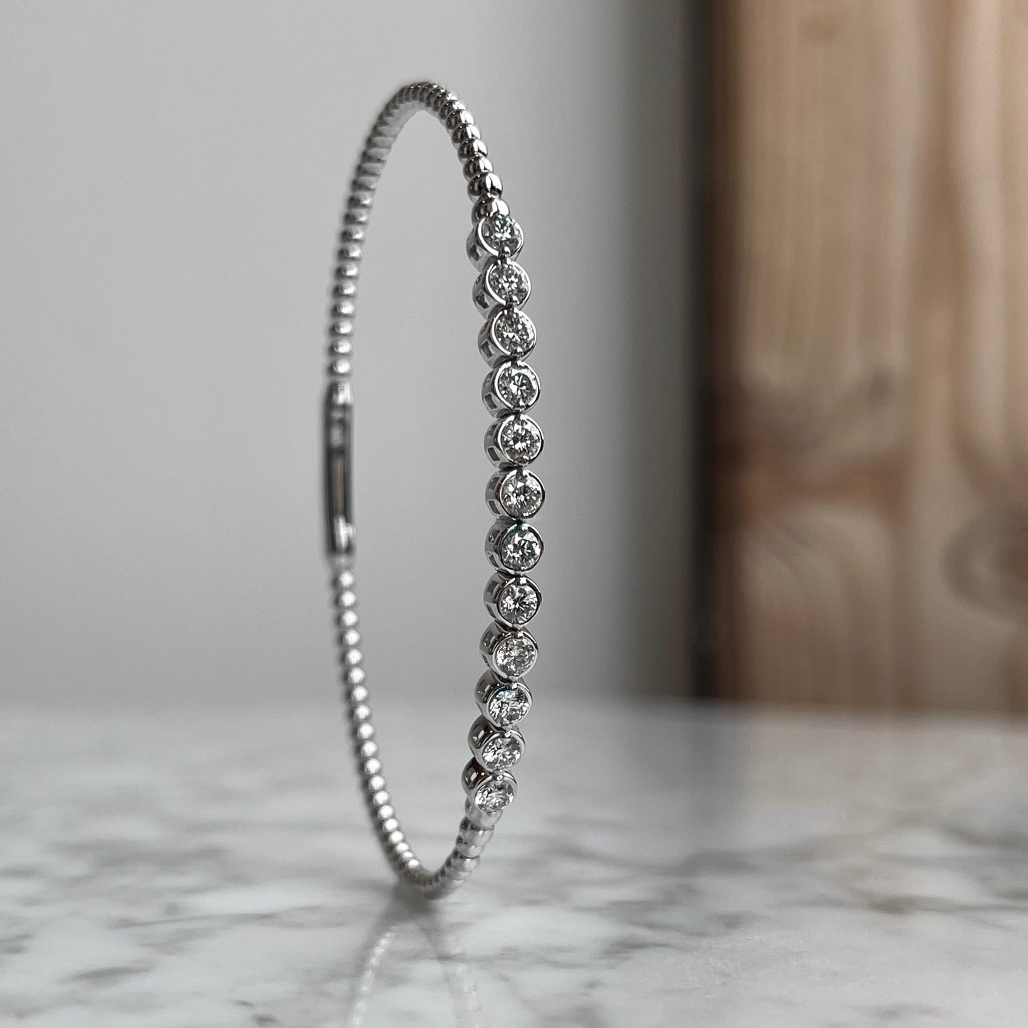 14K White Gold Bezel Diamond Flexible Bangle Bracelet