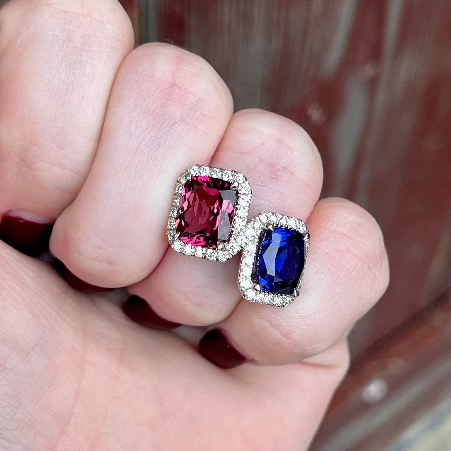 14K White Gold Tanzanite and Pink Tourmaline Ring with Diamond Halos