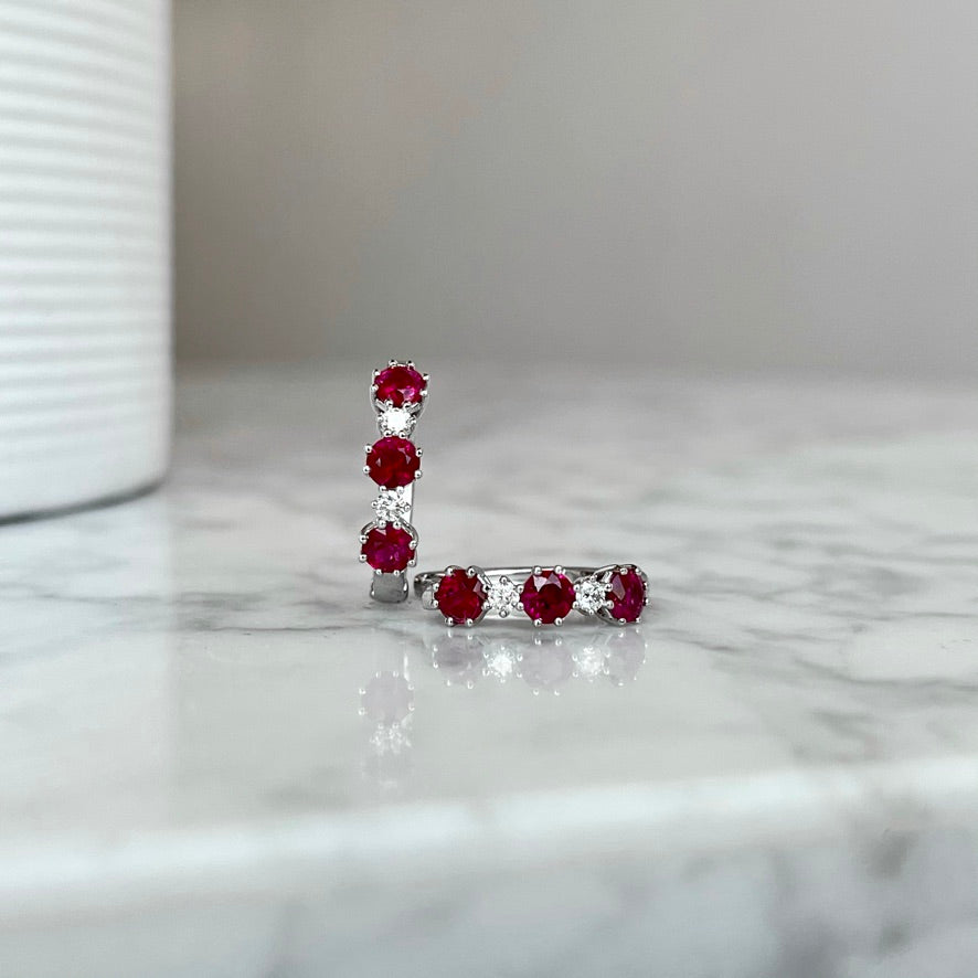 18K White gold Ruby and Diamond Hoop Earrings