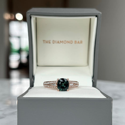 14K Rose Gold Teal Sapphire and Diamond Ring