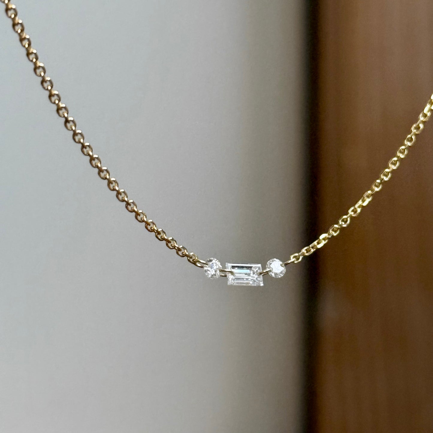 14K Yellow Gold Baguette and Round Triple Station Necklace