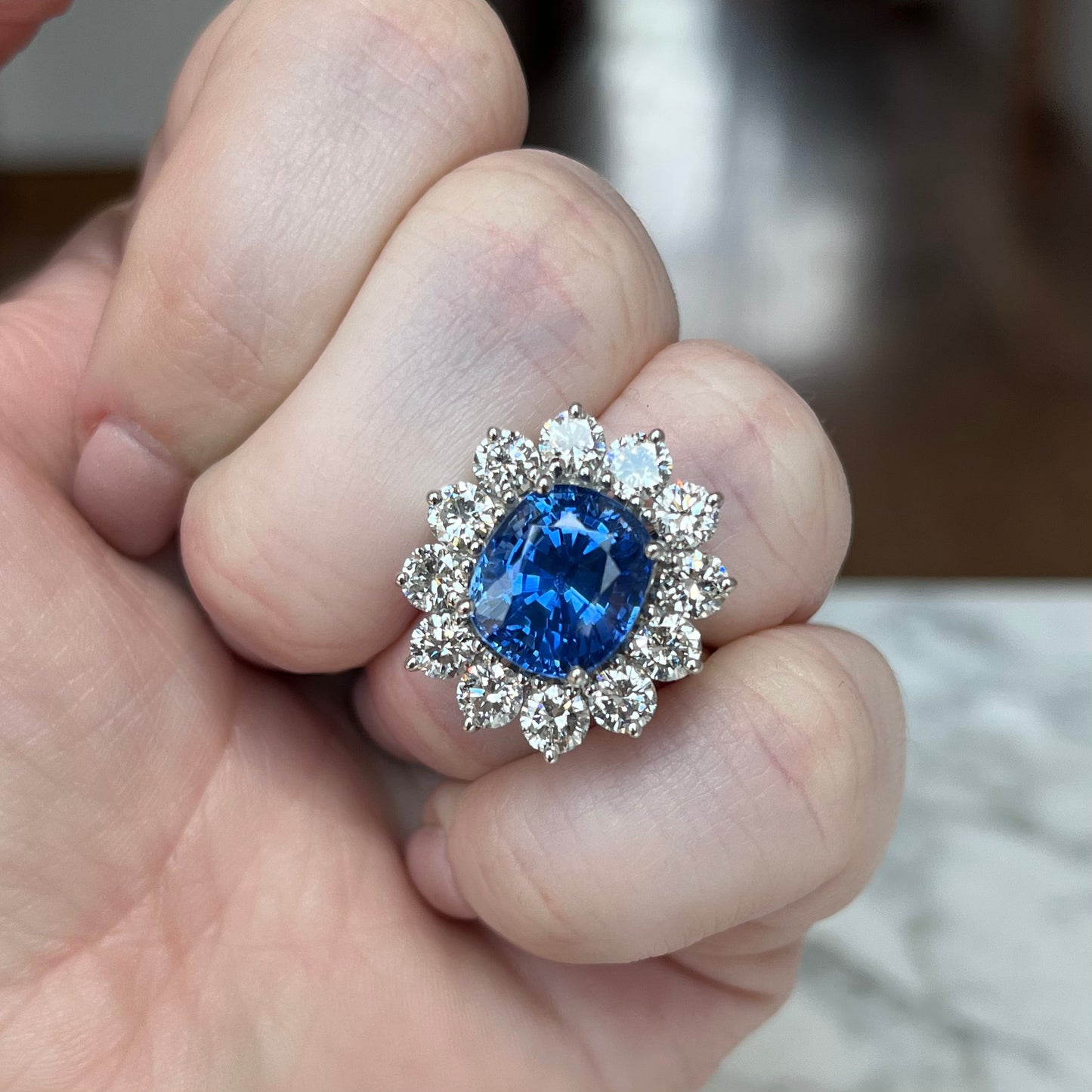 Platinum Sri Lanka Sapphire and Diamond Halo Ring 10.87CTW