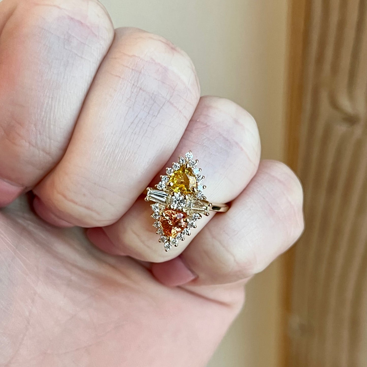 14K Yellow Gold Sun-Kissed Duo Heart Sapphire and Diamond Ring