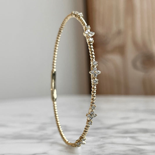 14K Yellow Gold "Clover Three Stone" Flexible Bangle Bracelet