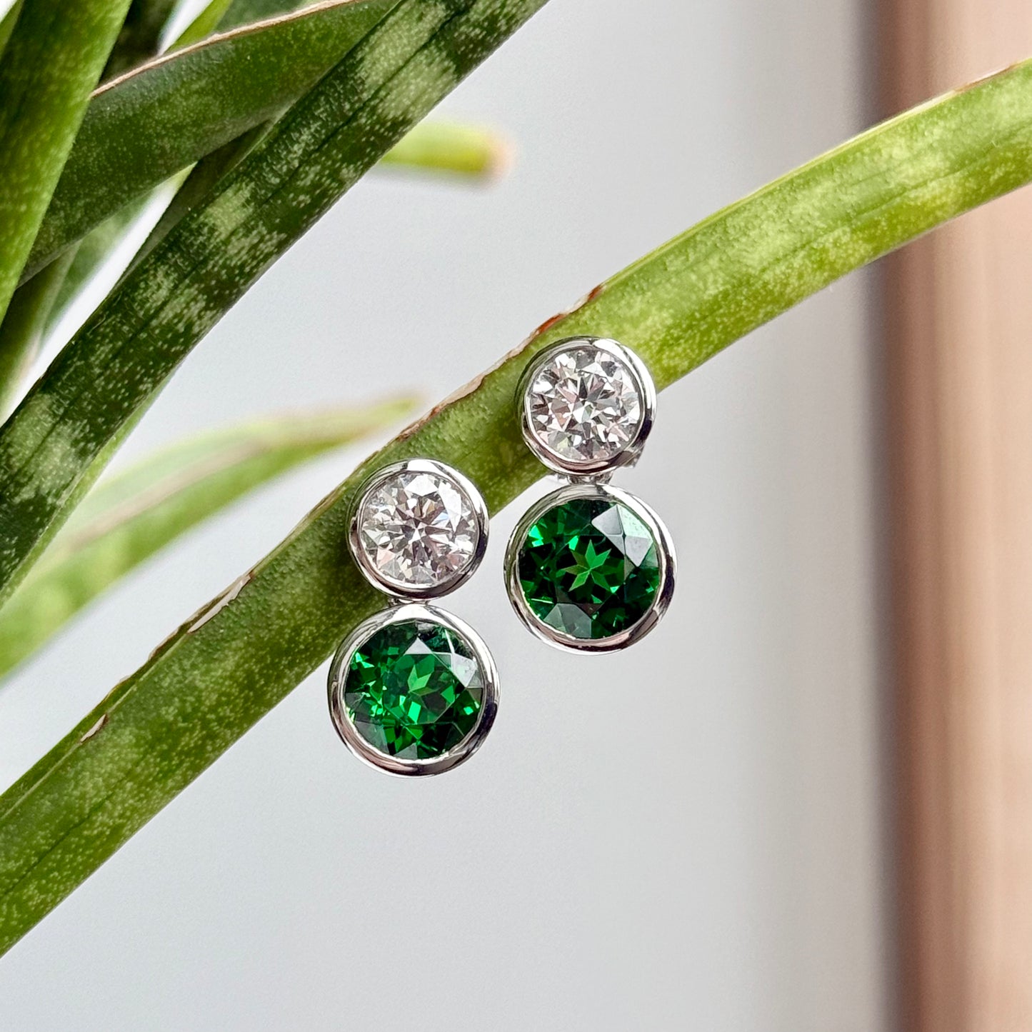 Platinum Diamond and Tsavorite Garnet Bezel Earrings